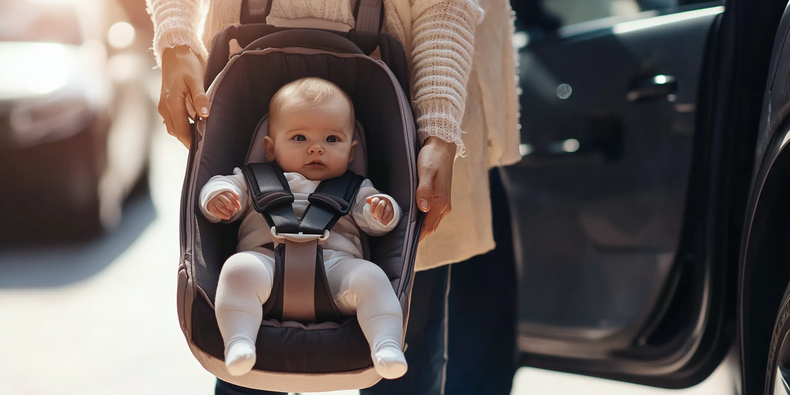 Caregiver carrying infant seat; handle locked; baby fully buckled; carrier placed on floor